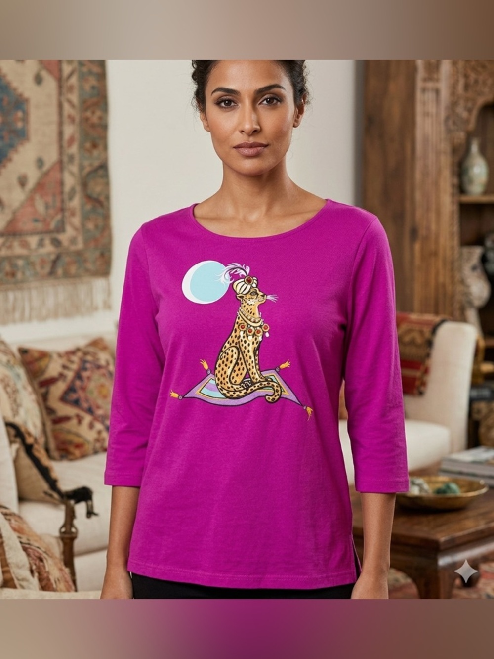 Bob Mackie wearable art 3/4 sleeve
Magenta cheetah design adorned
W/jewels GUC L